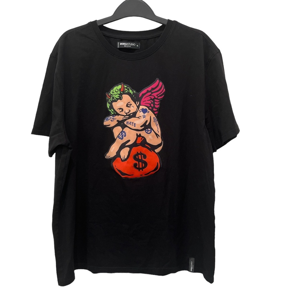 Roku Studio Angel Money Bag Evil Eye Devil  Baby Tattoo Black T Shirt Mens XL.